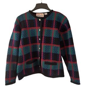 Vintage Tally-Ho Pollak Plaid Cardigan Sweater Green Red Blue Gold Tone Buttons
